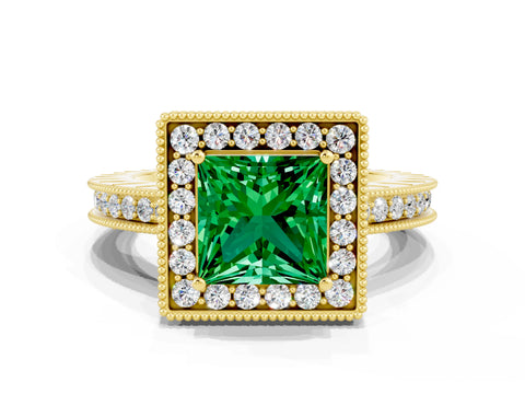 Yellow gold Princess Cut Halo Diamond Engagement Ring with Milgrain Pave Band and Four-Prong Setting