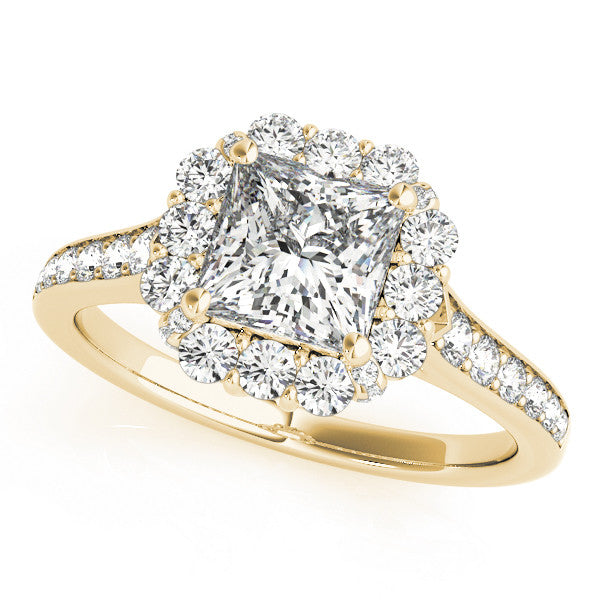 Yellow gold Princess Cut Diamond Floral Halo Engagement Ring with Pavé Band and Four-Prong Setting