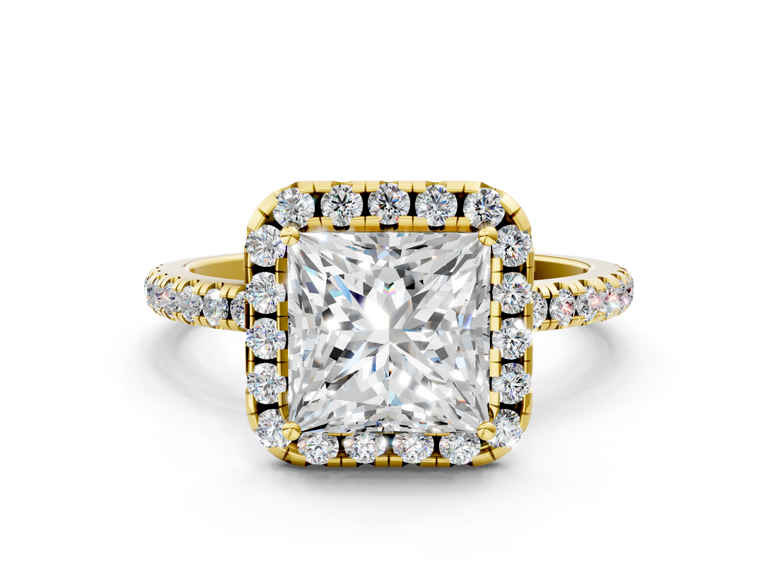 Yellow gold Princess Cut Halo Diamond Engagement Ring with Pave Band and Four-Prong Setting_20
