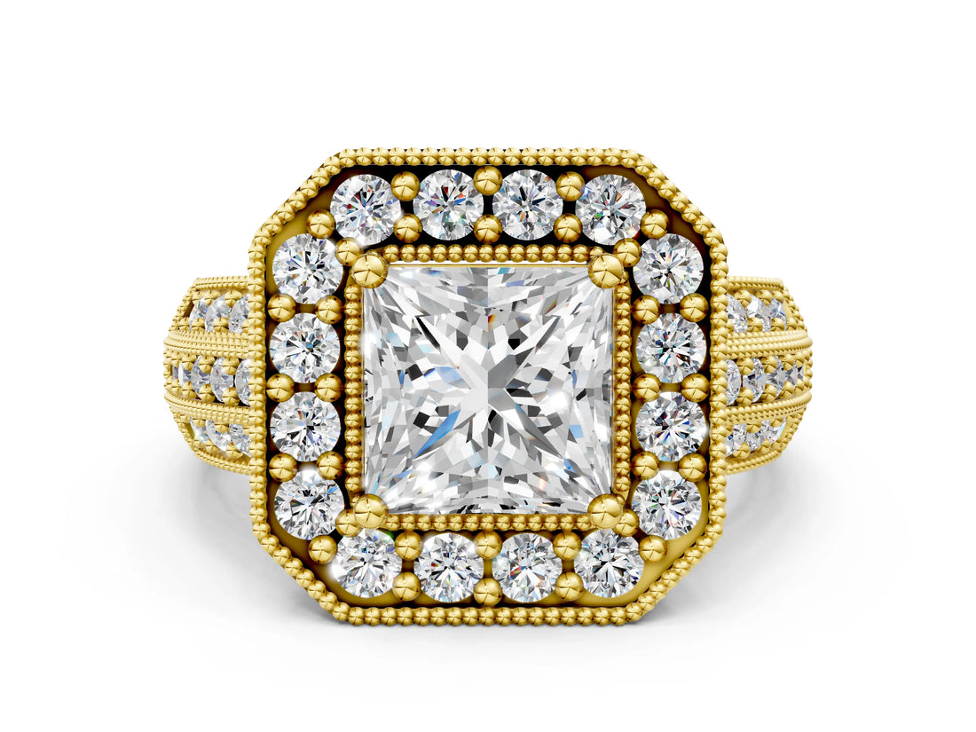 Yellow gold Princess Cut Halo Diamond Engagement Ring with Pave Split Shank and Four-Prong Setting_3