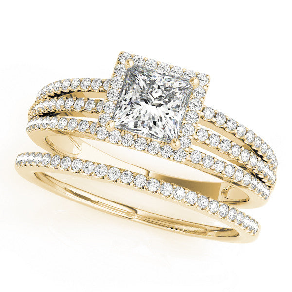 Yellow gold Princess Cut Halo Diamond Engagement Ring with Split Shank and Four-Prong Setting 1