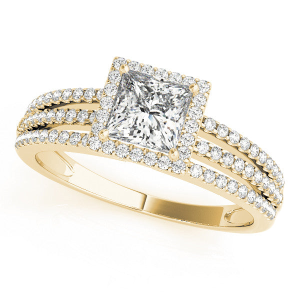 Yellow gold Princess Cut Halo Diamond Engagement Ring with Split Shank and Four-Prong Setting