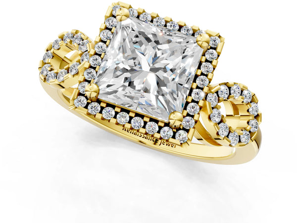 Yellow Gold Princess Cut Pave Infinity Halo Engagement Ring Setting