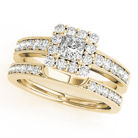 Yellow gold Princess Cut Halo Diamond Pavé Engagement Ring with Milgrain Detailing 1