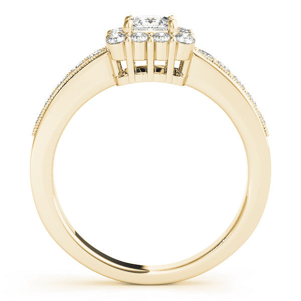 Yellow gold Princess Cut Halo Diamond Pavé Engagement Ring with Milgrain Detailing 2