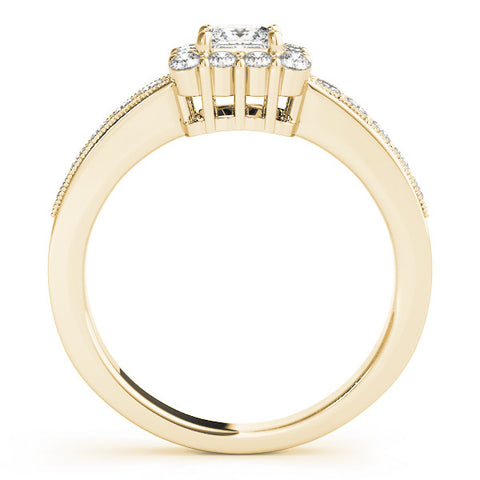 Yellow gold Princess Cut Halo Diamond Pavé Engagement Ring with Milgrain Detailing 2