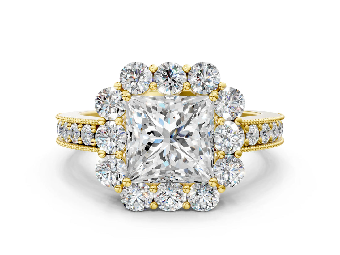 Yellow gold Princess Cut Halo Diamond Pavé Engagement Ring with Milgrain Detailing_19