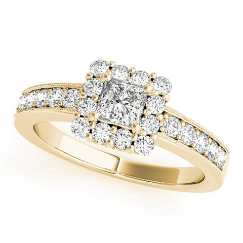 Yellow gold Princess Cut Halo Diamond Pavé Engagement Ring with Milgrain Detailing