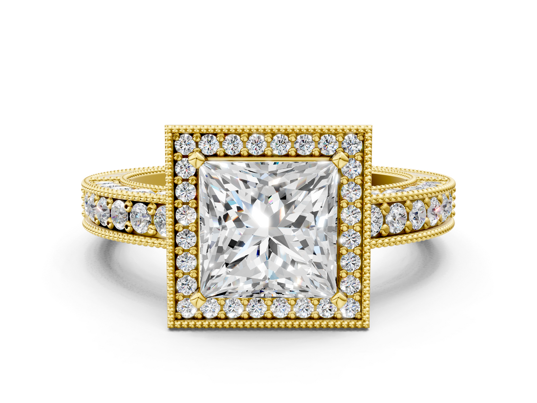 Yellow gold Princess Cut Halo Diamond Pave Band Ring with Four-Prong Setting_59