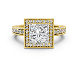 Yellow gold Princess Cut Halo Diamond Pave Band Ring with Four-Prong Setting_59
