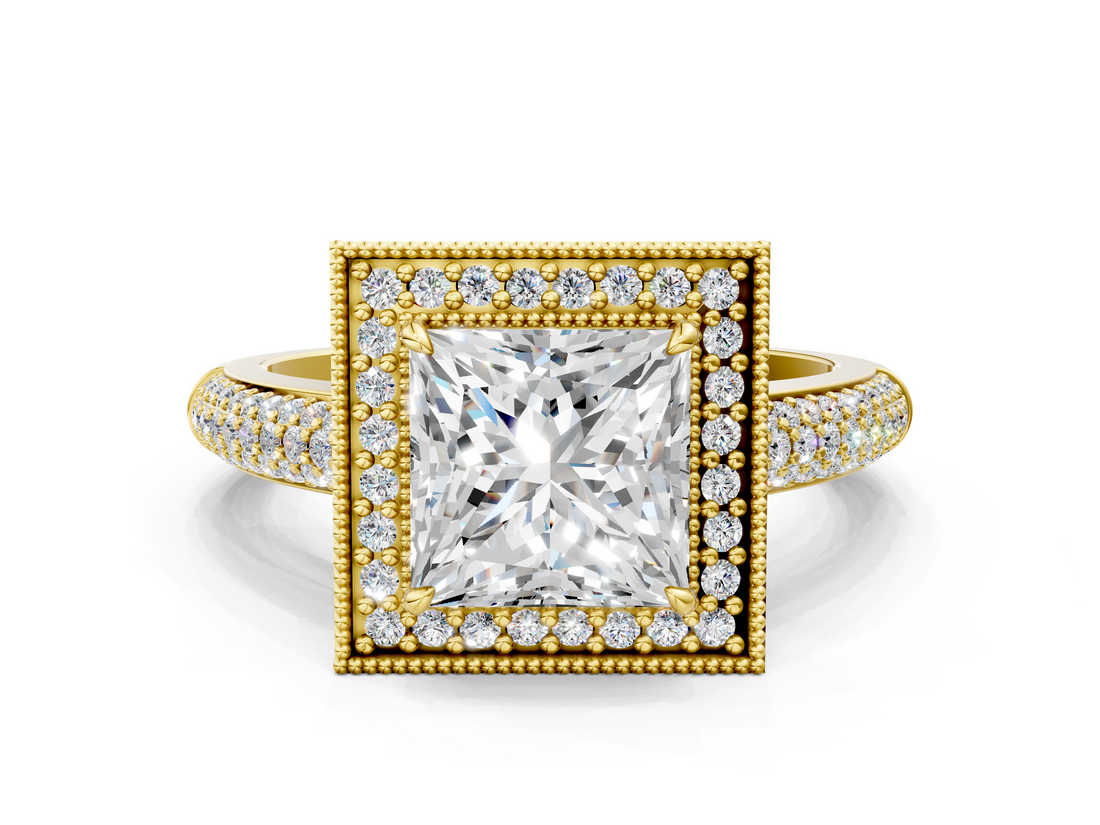Yellow gold Princess Cut Halo Diamond Pave Band with Four-Prong Setting_52