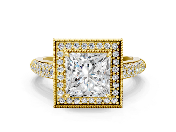 Yellow gold Princess Cut Halo Diamond Pave Band with Four-Prong Setting