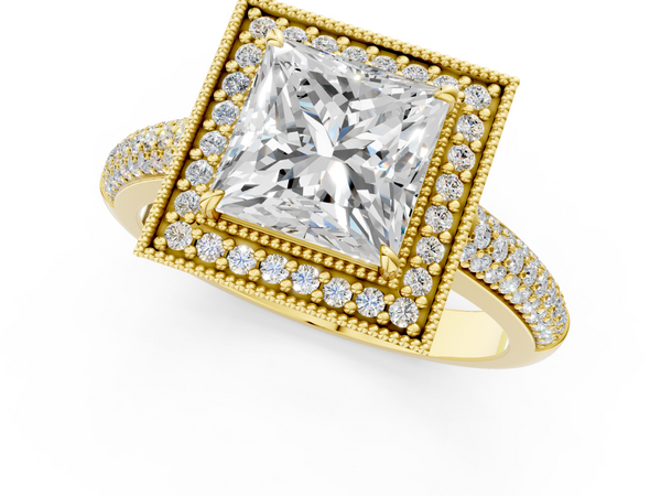 Yellow gold Princess Cut Halo Diamond Pave Band with Four-Prong Setting