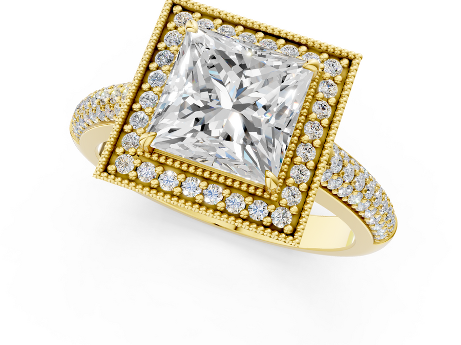 Yellow gold Princess Cut Halo Diamond Pave Band with Four-Prong Setting