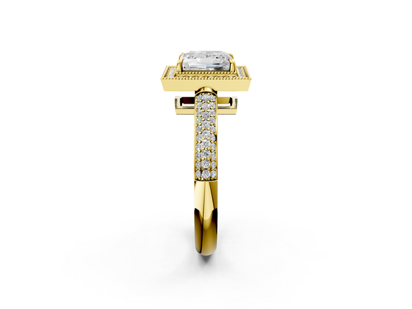 Yellow gold Princess Cut Halo Diamond Pave Band with Four-Prong Setting