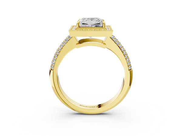 Yellow gold Princess Cut Halo Diamond Pave Band with Four-Prong Setting