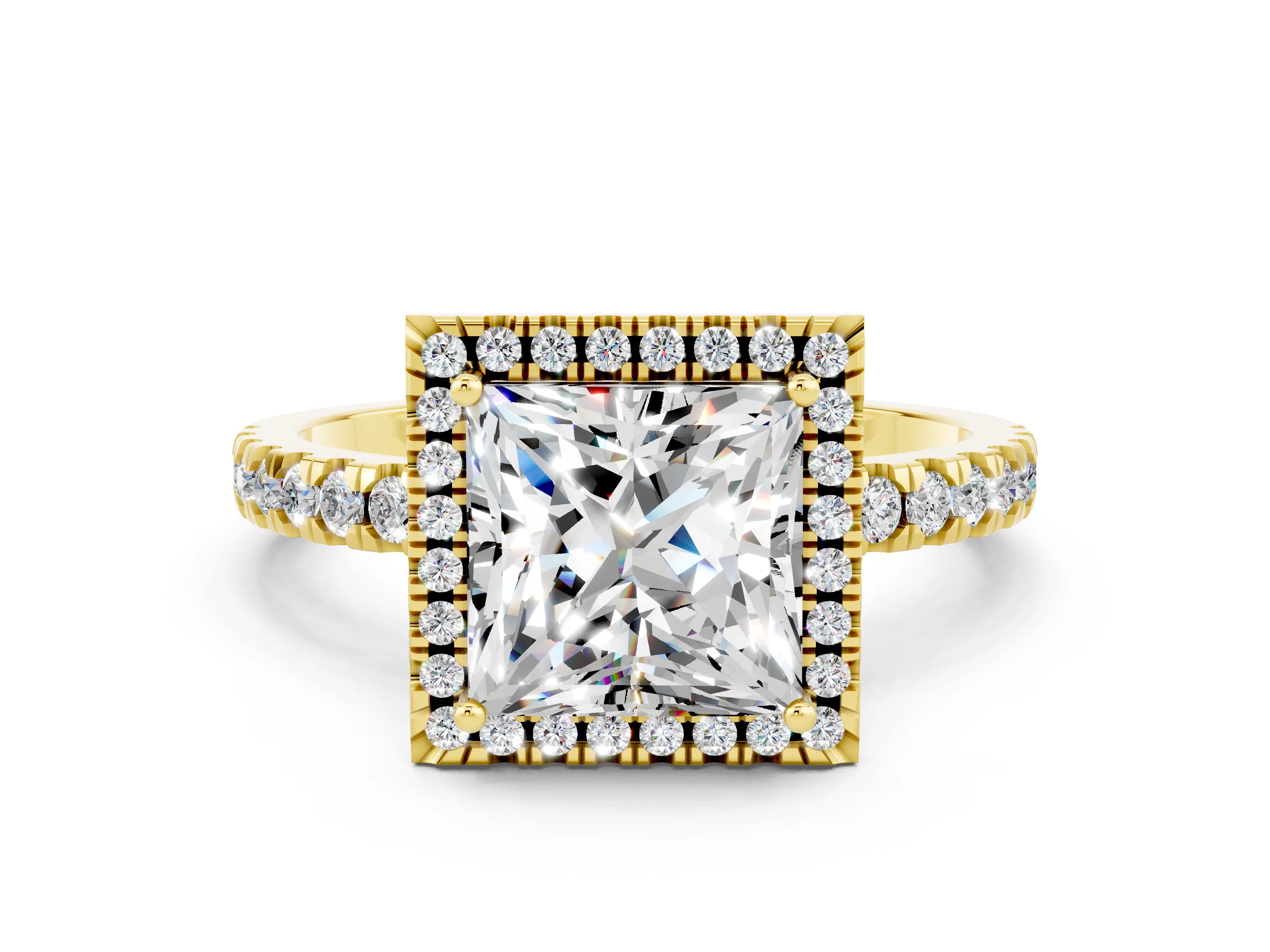 Yellow gold Princess Cut Halo Diamond Pave Band with Prong Setting