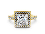 Yellow gold Princess Cut Halo Diamond Pave Band with Prong Setting
