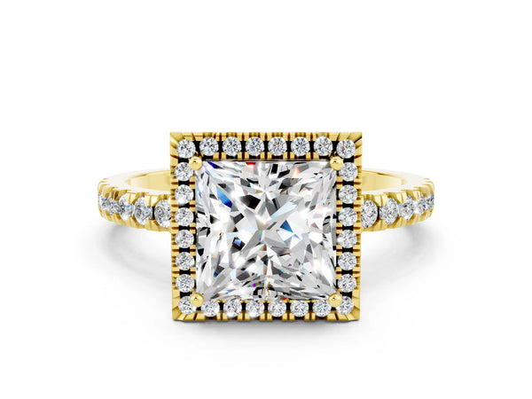 Yellow gold Princess Cut Moissanite Classic Halo Engagement Ring with Round Pavé Band and Prong Setting