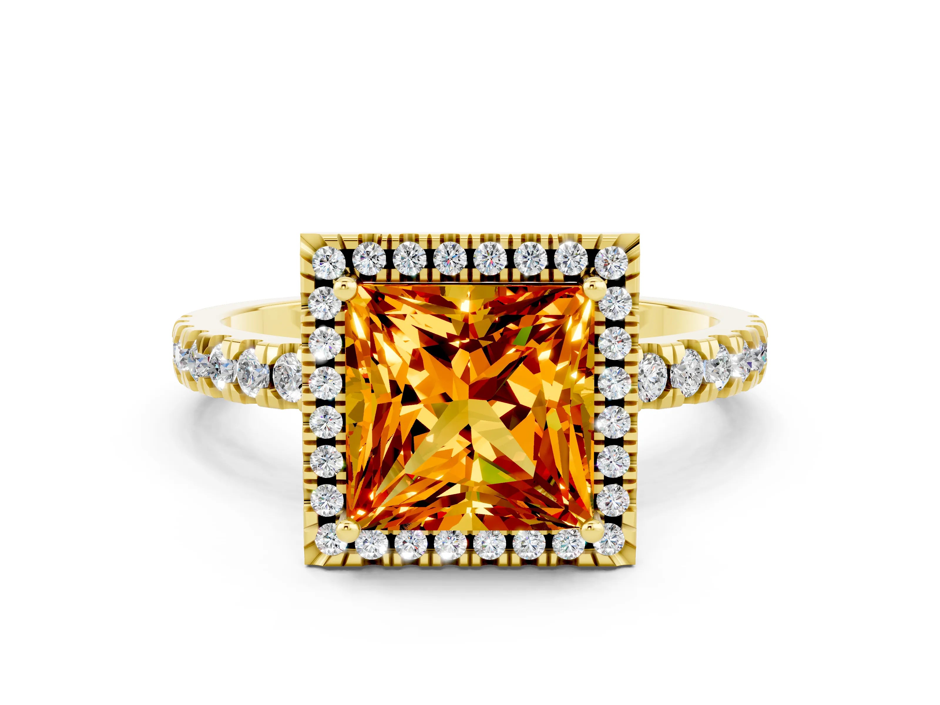 Yellow gold Princess Cut Halo Diamond Pave Band with Prong Setting