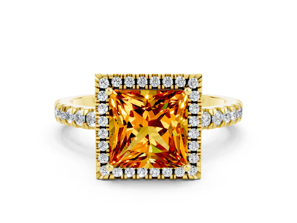Yellow gold Princess Cut Citrine Classic Halo Engagement Ring with Round Pavé Band and Prong Setting