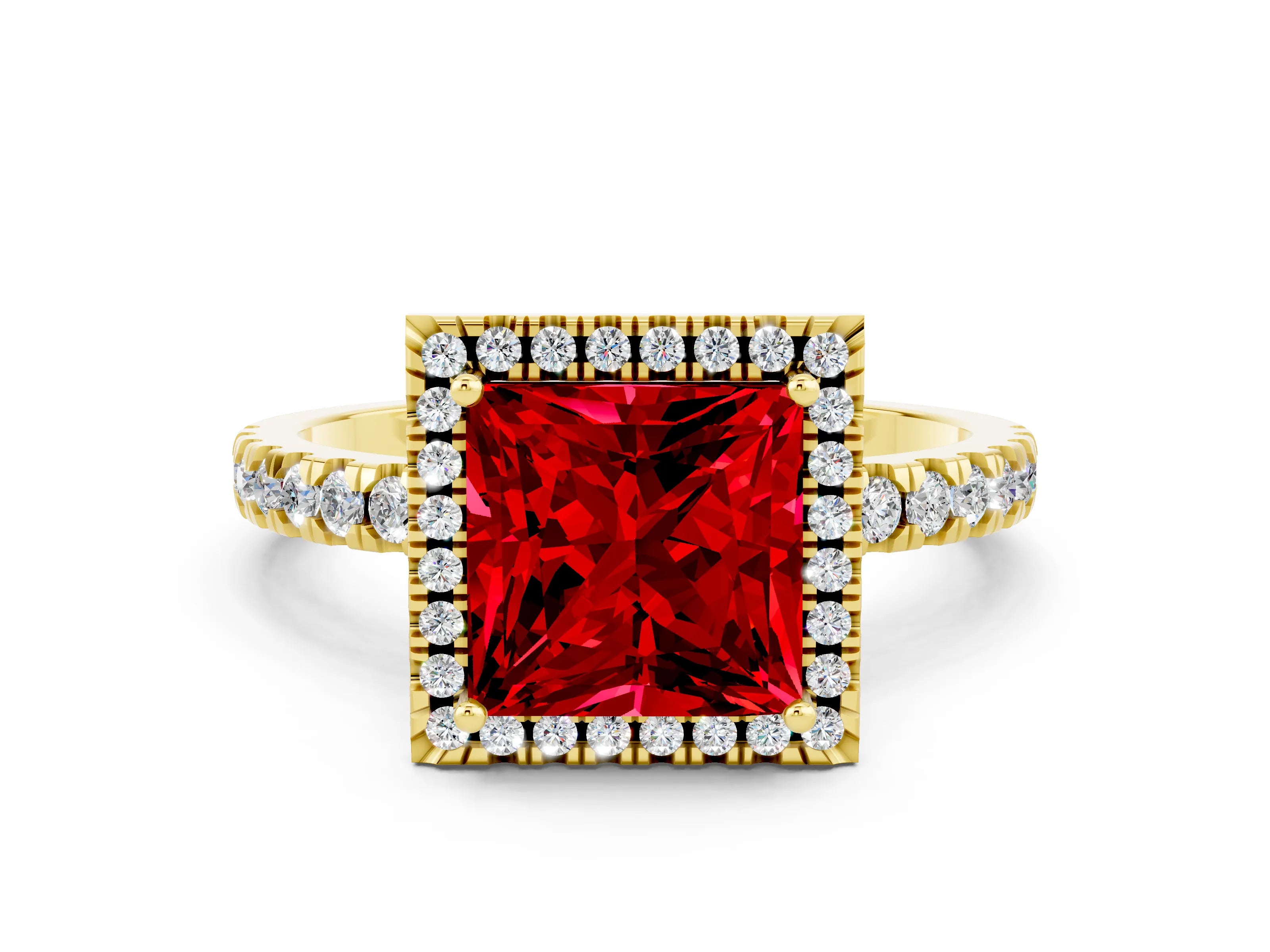 Yellow gold Princess Cut Halo Diamond Pave Band with Prong Setting