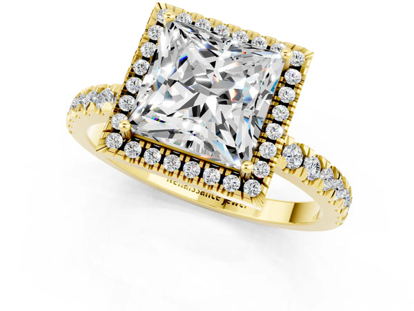 Yellow gold Princess Cut Moissanite Classic Halo Engagement Ring with Round Pavé Band and Prong Setting