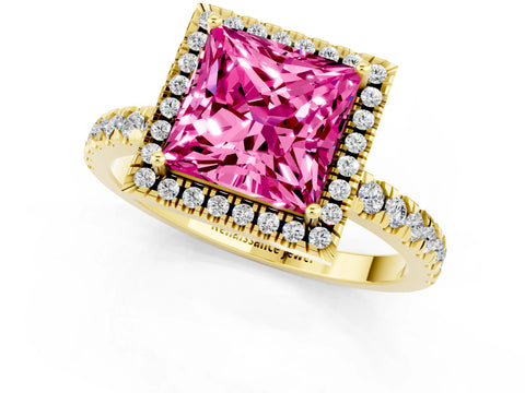 Yellow gold Princess Cut Halo Diamond Pave Band with Prong Setting_1