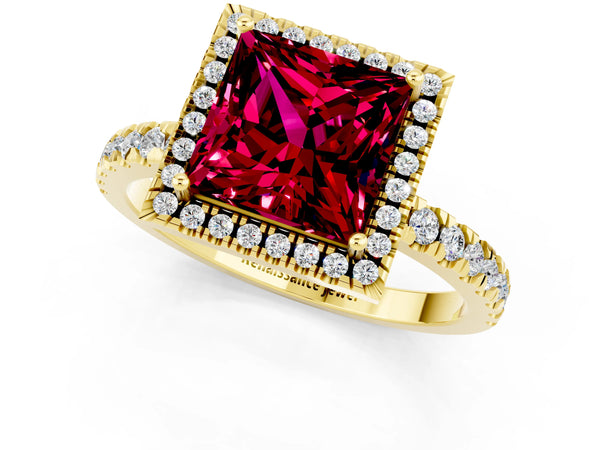 Yellow gold Princess Cut Garnet Classic Halo Engagement Ring with Round Pavé Band and Prong Setting