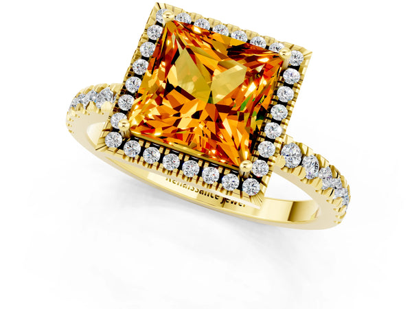 Yellow gold Princess Cut Citrine Classic Halo Engagement Ring with Round Pavé Band and Prong Setting