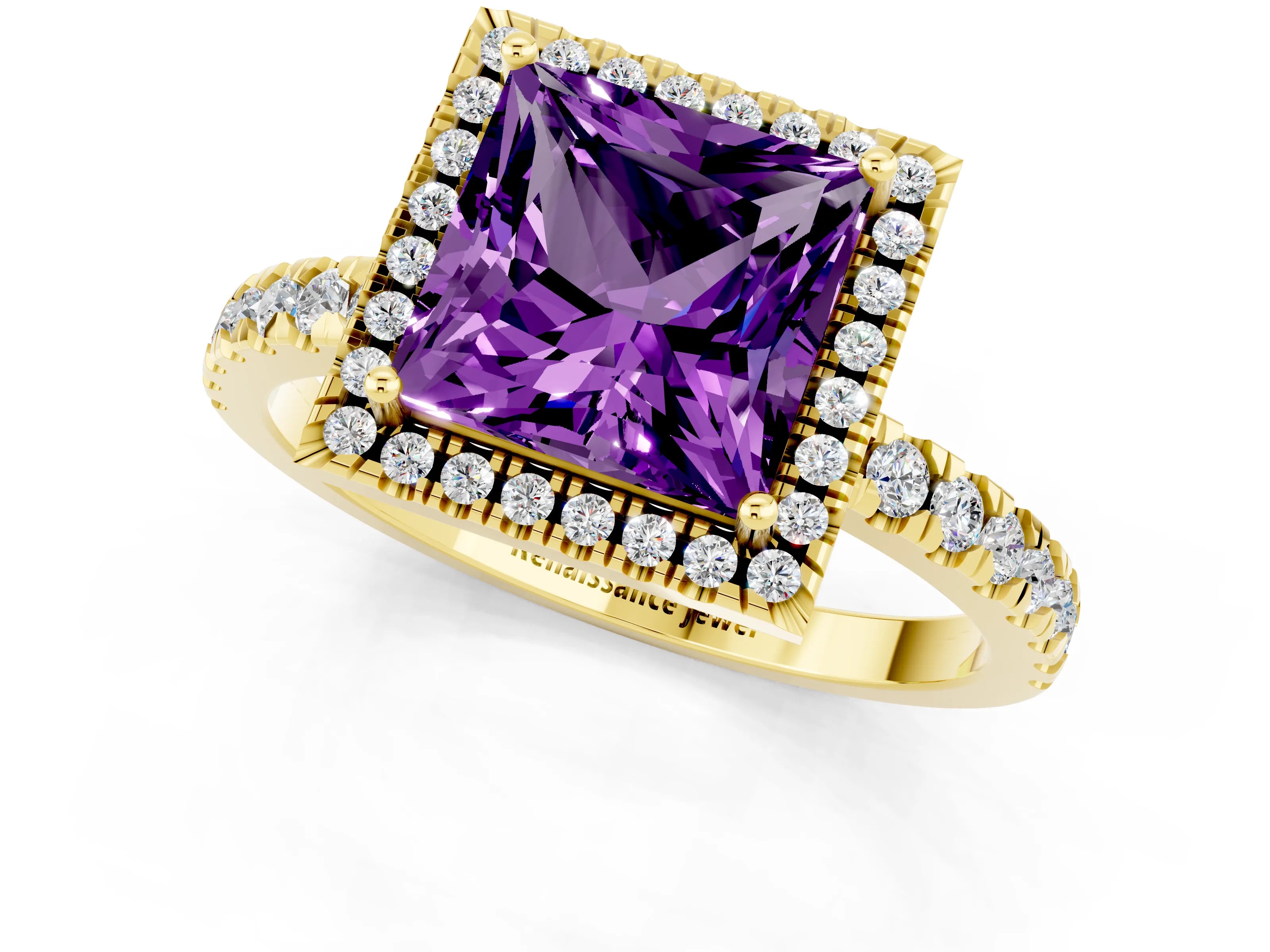 Yellow gold Princess Cut Halo Diamond Pave Band with Prong Setting_1