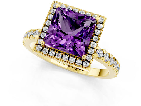 Yellow gold Princess Cut Halo Diamond Pave Band with Prong Setting_1