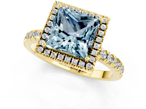 Yellow gold Princess Cut Halo Diamond Pave Band with Prong Setting_1