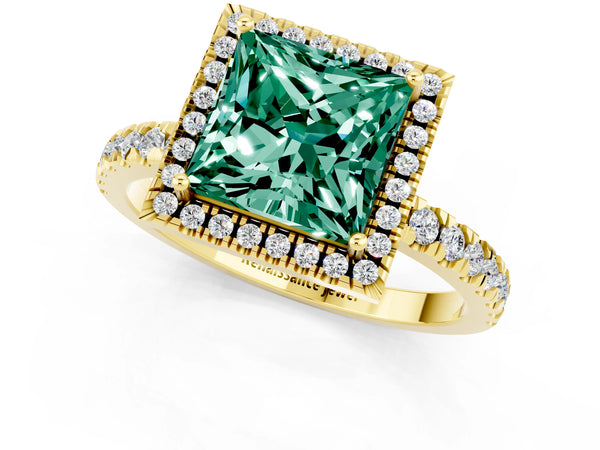 Yellow gold Princess Cut Green Sapphire Classic Halo Engagement Ring with Round Pavé Band and Prong Setting