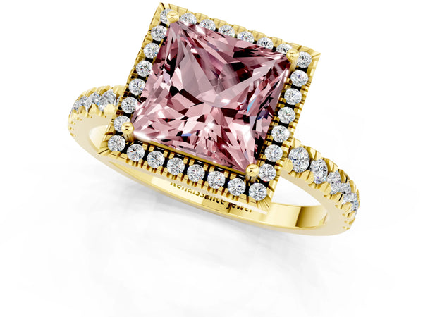 Yellow gold Princess Cut Halo Diamond Pave Band with Prong Setting
