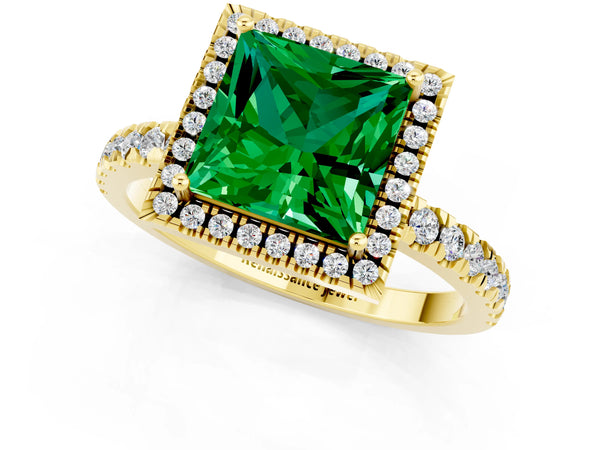 Yellow gold Princess Cut Emerald Classic Halo Engagement Ring with Round Pavé Band and Prong Setting