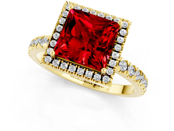 Yellow gold Princess Cut Halo Diamond Pave Band with Prong Setting
