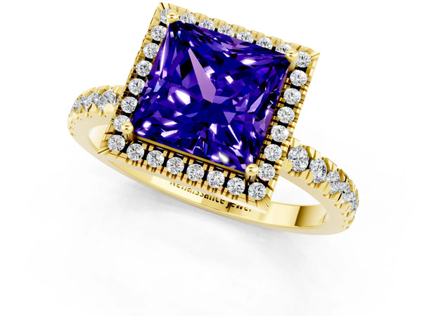 Yellow gold Princess Cut Tanzanite Classic Halo Engagement Ring with Round Pavé Band and Prong Setting