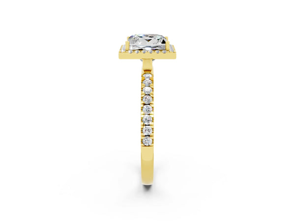 Yellow gold Princess Cut Moissanite Classic Halo Engagement Ring with Round Pavé Band and Prong Setting