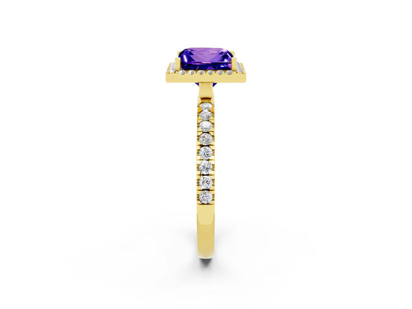 Yellow gold Princess Cut Tanzanite Classic Halo Engagement Ring with Round Pavé Band and Prong Setting