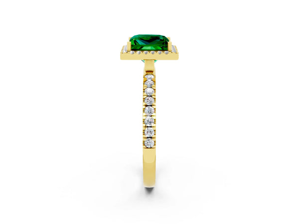 Yellow gold Princess Cut Emerald Classic Halo Engagement Ring with Round Pavé Band and Prong Setting