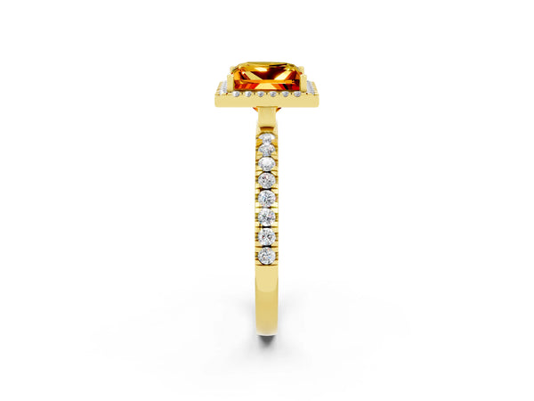 Yellow gold Princess Cut Citrine Classic Halo Engagement Ring with Round Pavé Band and Prong Setting
