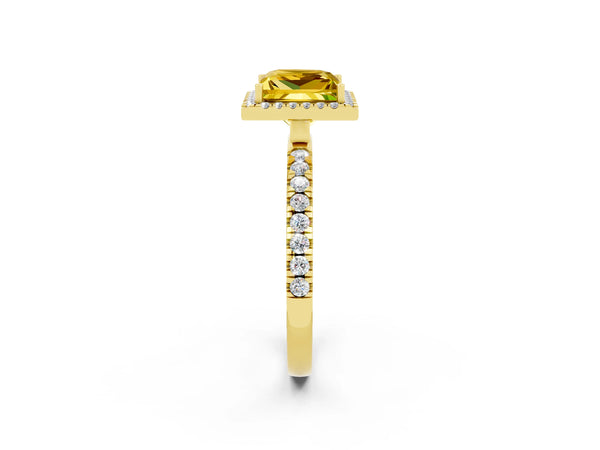 Yellow gold Princess Cut Yellow Sapphire Classic Halo Engagement Ring with Round Pavé Band and Prong Setting