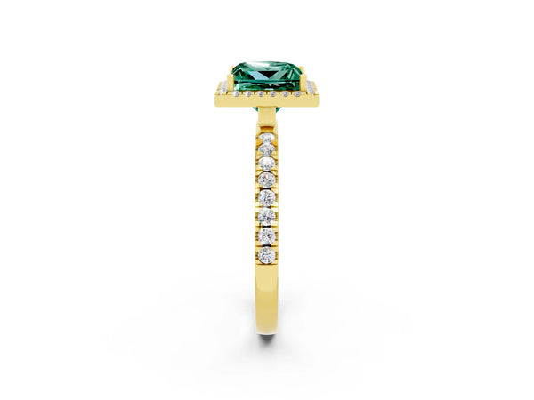 Yellow gold Princess Cut Green Sapphire Classic Halo Engagement Ring with Round Pavé Band and Prong Setting