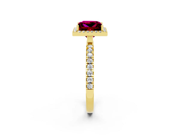Yellow gold Princess Cut Garnet Classic Halo Engagement Ring with Round Pavé Band and Prong Setting