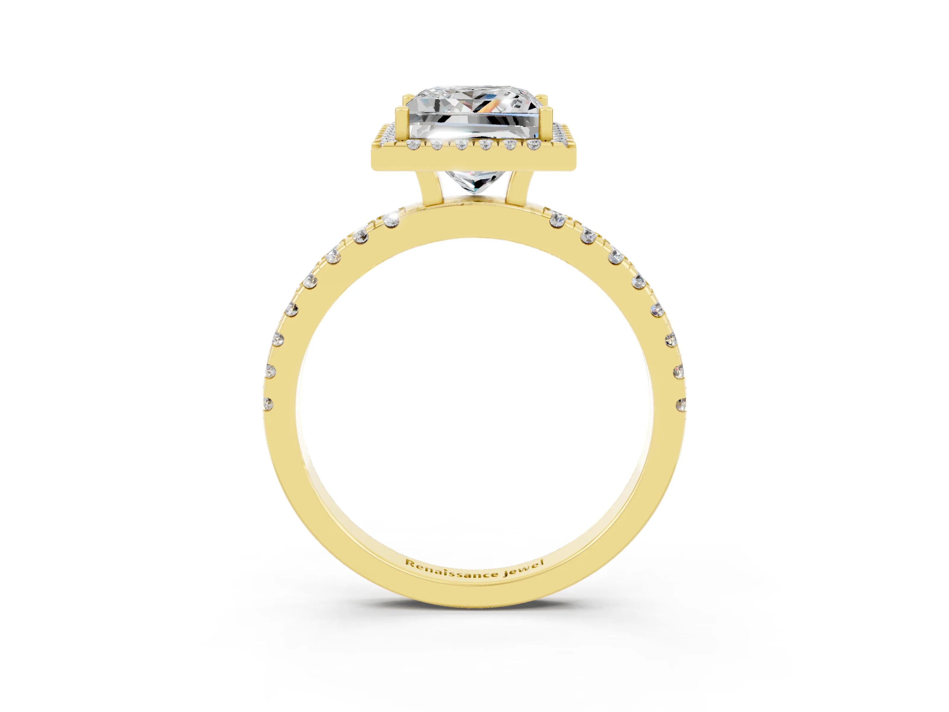Yellow gold Princess Cut Halo Diamond Pave Band with Prong Setting_3