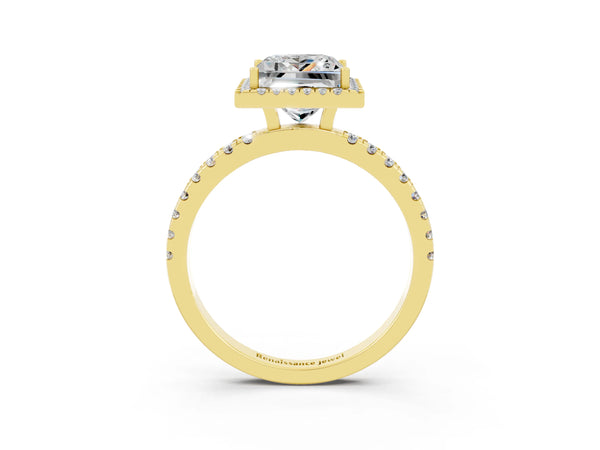Yellow gold Princess Cut Moissanite Classic Halo Engagement Ring with Round Pavé Band and Prong Setting
