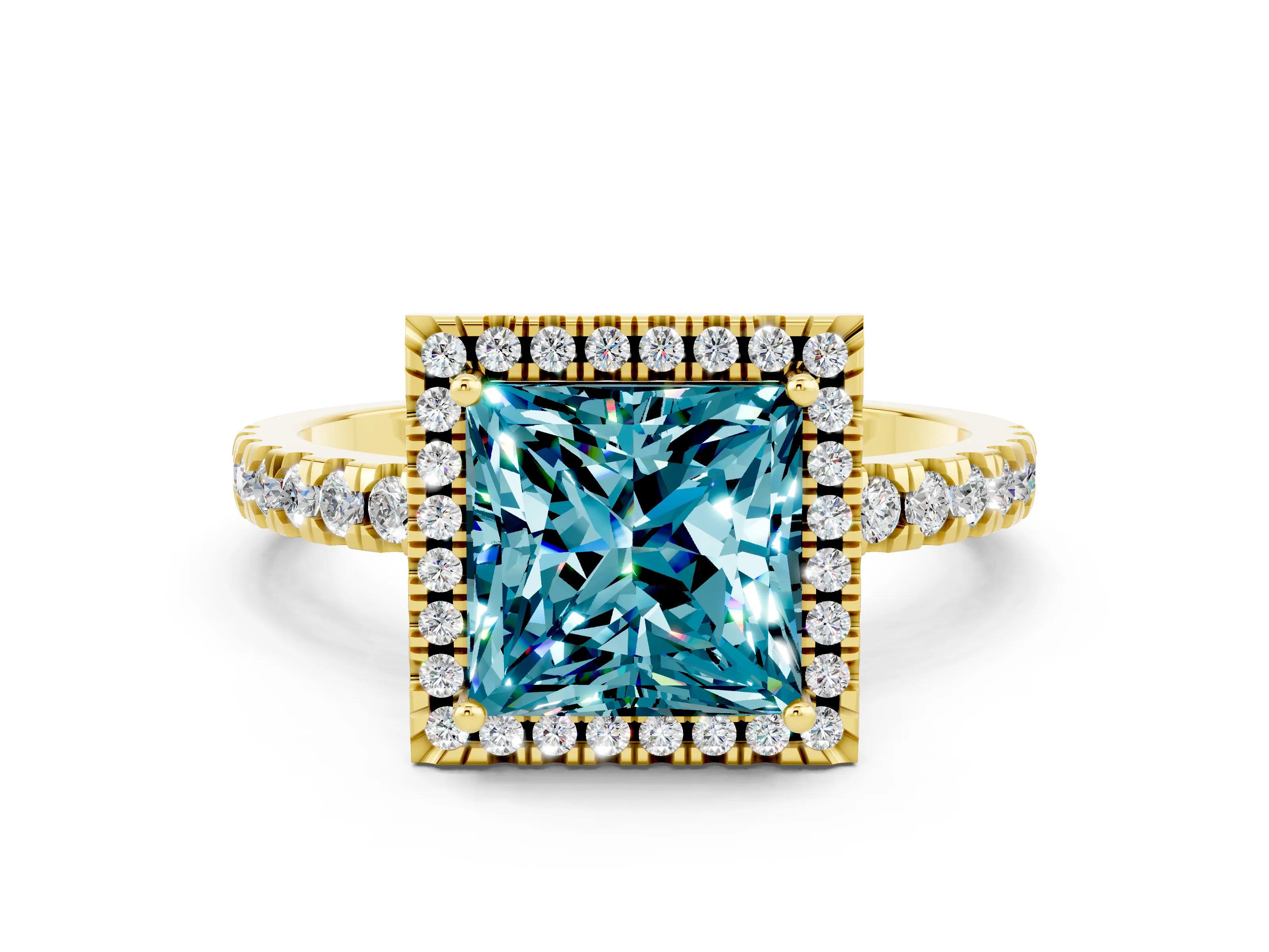 Yellow gold Princess Cut Halo Diamond Pave Band with Prong Setting
