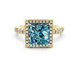 Yellow gold Princess Cut Halo Diamond Pave Band with Prong Setting