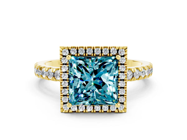 Yellow gold Princess Cut Halo Diamond Pave Band with Prong Setting